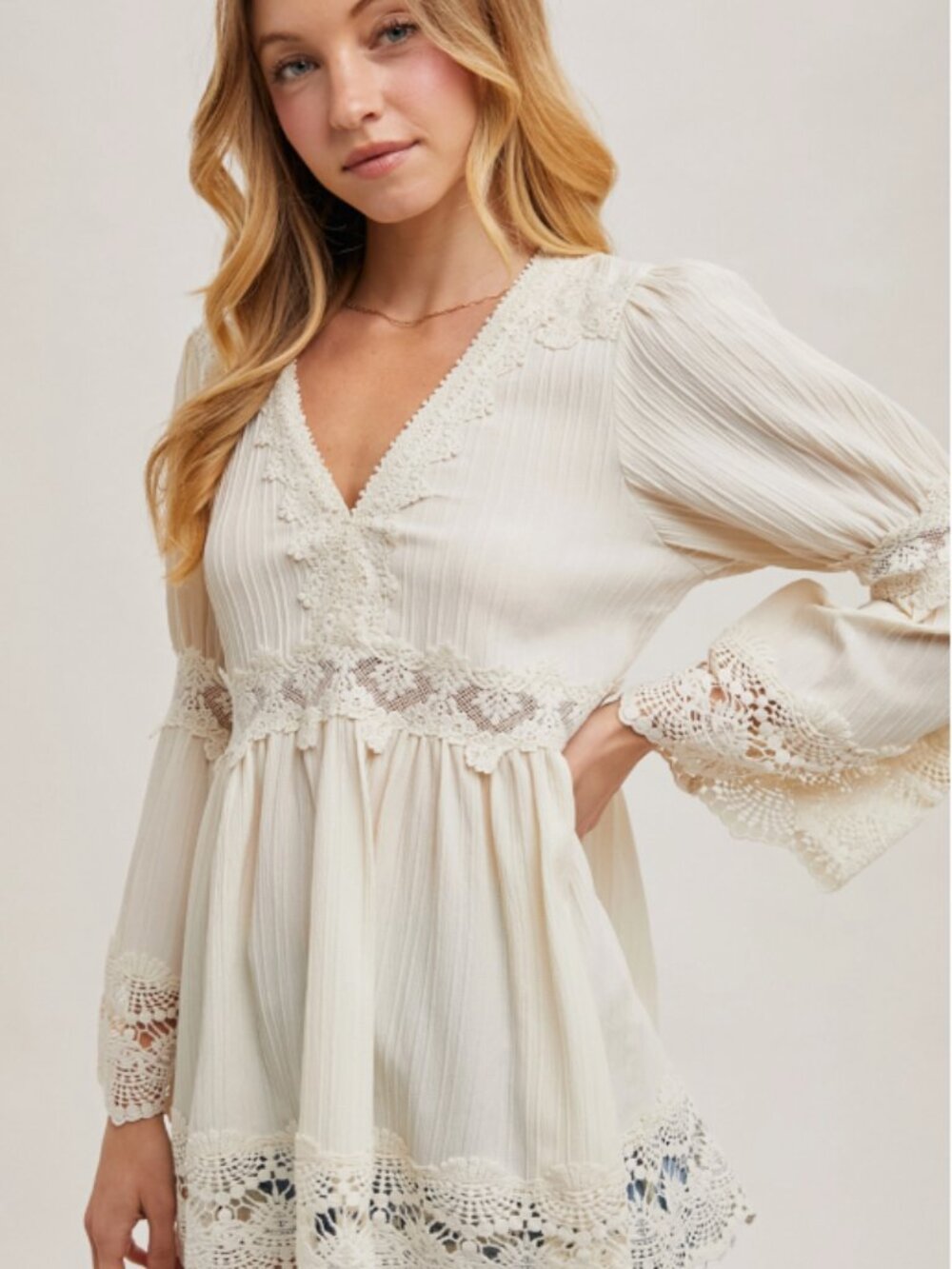 116. BLUIVY Lace Trimmed Bell Sleeve V-Neck Blouse